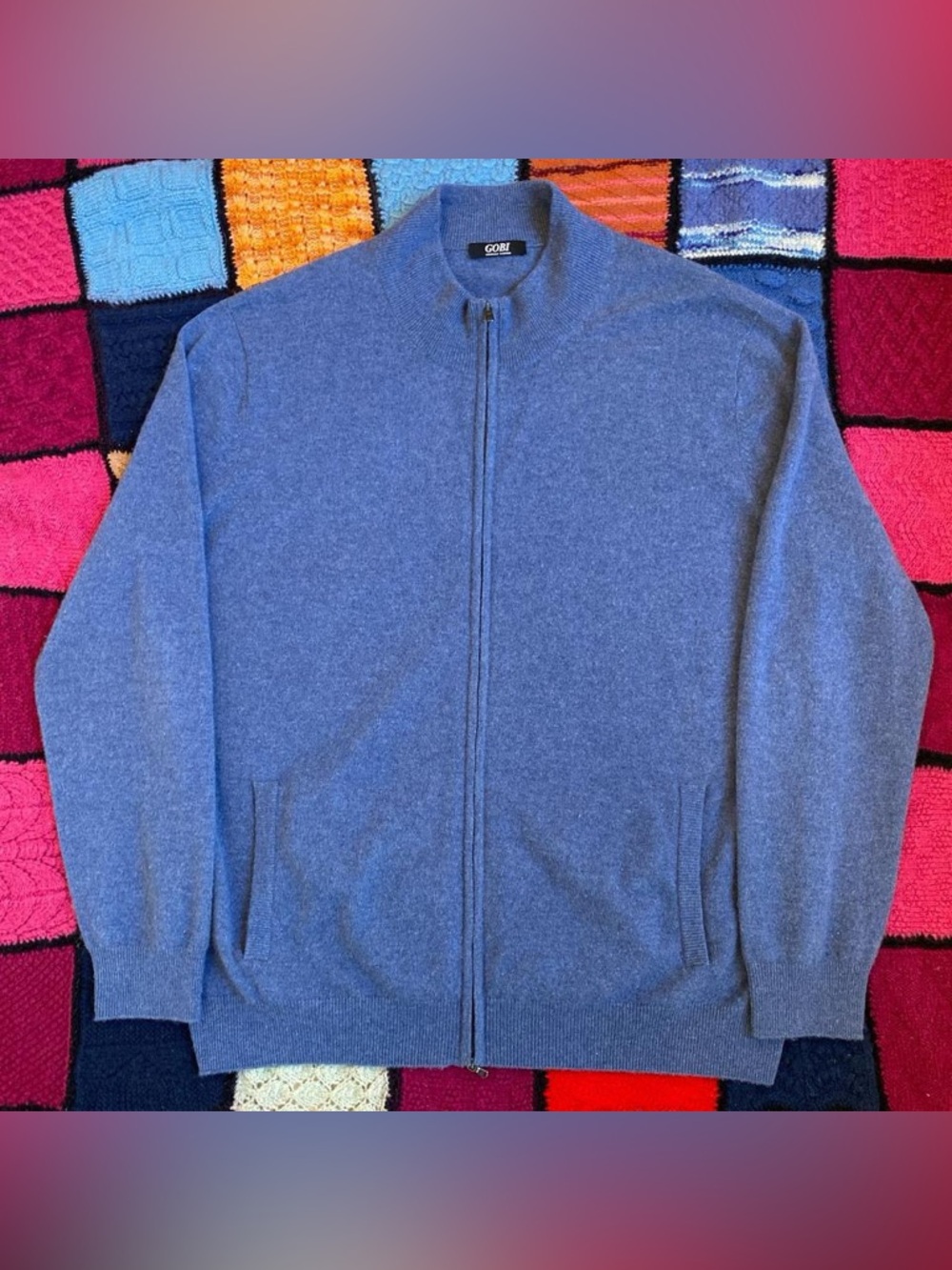 Gobi Men's Blue Full-Zip Mongolian Cashmere Sweater